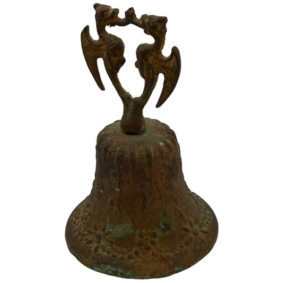 Vintage 5" X 3.5" Double Dragon Handle Bronze Bell Aged Verdigris Rust Set Prop - Picture 4 of 8